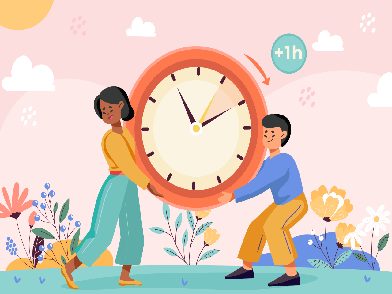 Ilustração de duas pessoas carregando um relógio, com um balãozinho indicando que ganharam uma hora a mais, representando as horas complementares