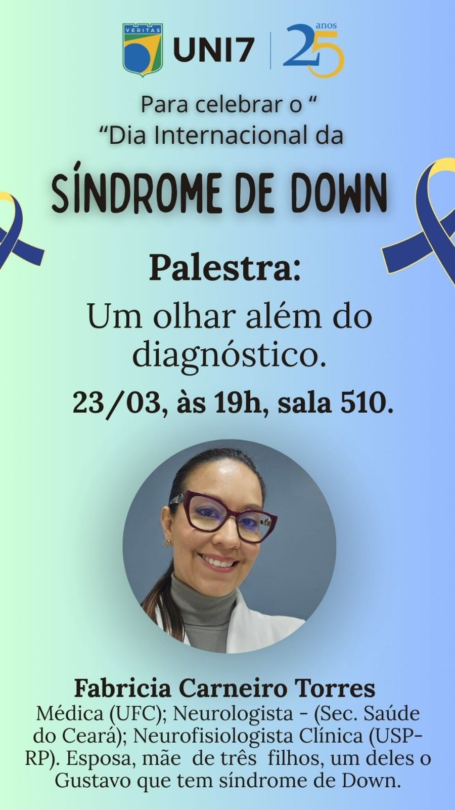 Banner de divulgação da palestra sobre o Dia Internacional da Síndrome de Down, promovida pela Uni7